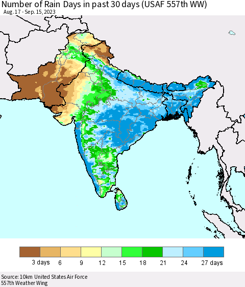 Southern Asia Number of Rain Days in past 30 days (USAF 557th WW) 09/15/2023 Thematic Map For 9/11/2023 - 9/15/2023