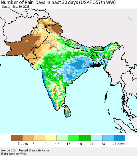 Southern Asia Number of Rain Days in past 30 days (USAF 557th WW) 09/30/2023 Thematic Map For 9/26/2023 - 9/30/2023
