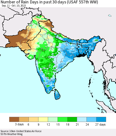 Southern Asia Number of Rain Days in past 30 days (USAF 557th WW) 10/10/2023 Thematic Map For 10/6/2023 - 10/10/2023
