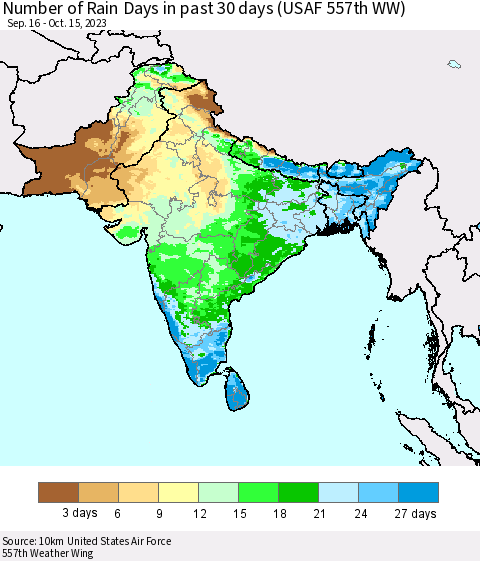 Southern Asia Number of Rain Days in past 30 days (USAF 557th WW) 10/15/2023 Thematic Map For 10/11/2023 - 10/15/2023