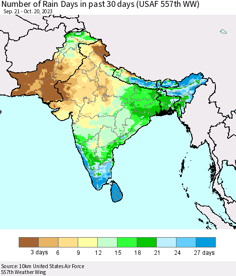 Southern Asia Number of Rain Days in past 30 days (USAF 557th WW) 10/20/2023 Thematic Map For 10/16/2023 - 10/20/2023