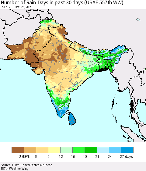 Southern Asia Number of Rain Days in past 30 days (USAF 557th WW) 10/25/2023 Thematic Map For 10/21/2023 - 10/25/2023