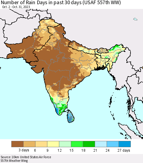 Southern Asia Number of Rain Days in past 30 days (USAF 557th WW) 10/31/2023 Thematic Map For 10/26/2023 - 10/31/2023