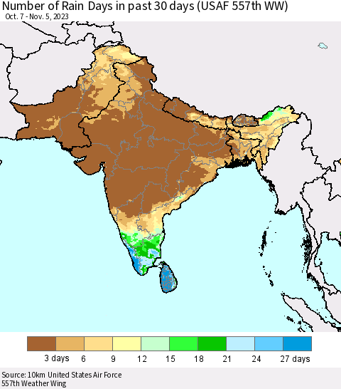Southern Asia Number of Rain Days in past 30 days (USAF 557th WW) 11/05/2023 Thematic Map For 11/1/2023 - 11/5/2023