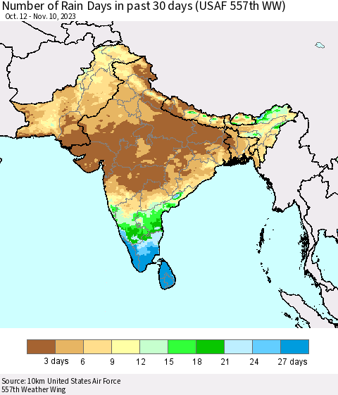 Southern Asia Number of Rain Days in past 30 days (USAF 557th WW) 11/10/2023 Thematic Map For 11/6/2023 - 11/10/2023