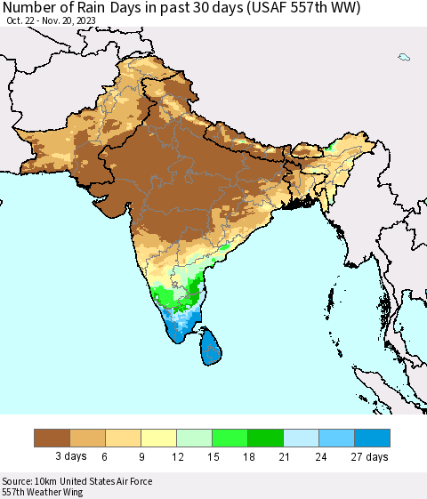 Southern Asia Number of Rain Days in past 30 days (USAF 557th WW) 11/20/2023 Thematic Map For 11/16/2023 - 11/20/2023