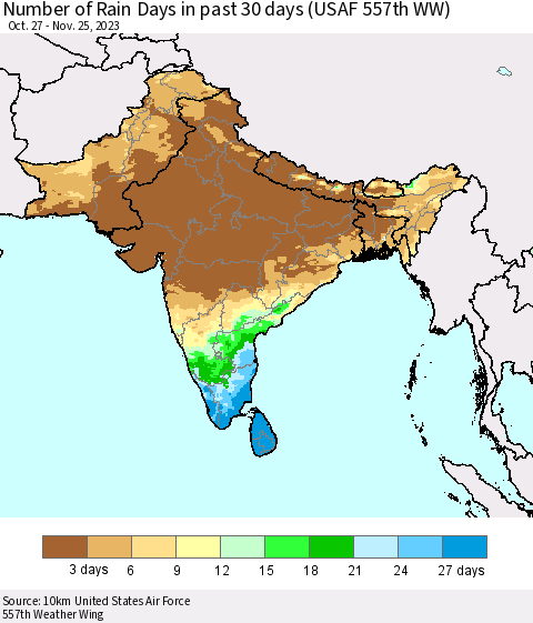 Southern Asia Number of Rain Days in past 30 days (USAF 557th WW) 11/25/2023 Thematic Map For 11/21/2023 - 11/25/2023