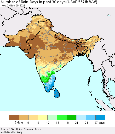 Southern Asia Number of Rain Days in past 30 days (USAF 557th WW) 11/30/2023 Thematic Map For 11/26/2023 - 11/30/2023