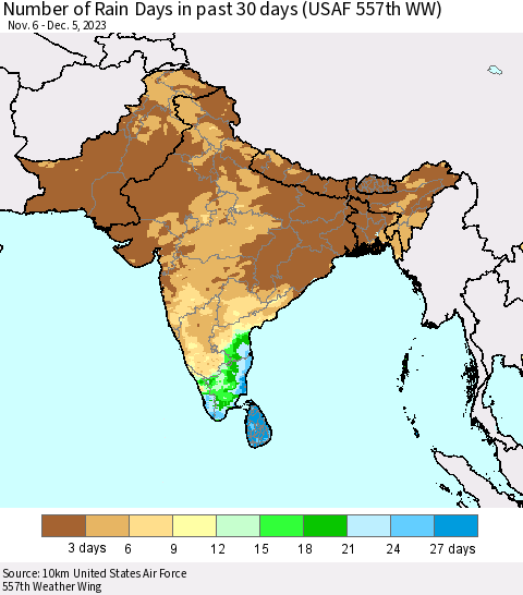 Southern Asia Number of Rain Days in past 30 days (USAF 557th WW) 12/05/2023 Thematic Map For 12/1/2023 - 12/5/2023