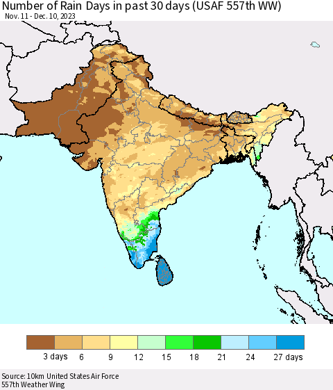 Southern Asia Number of Rain Days in past 30 days (USAF 557th WW) 12/10/2023 Thematic Map For 12/6/2023 - 12/10/2023