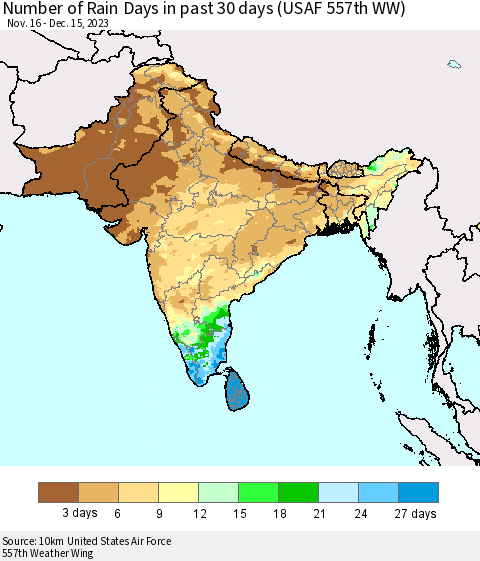 Southern Asia Number of Rain Days in past 30 days (USAF 557th WW) 12/15/2023 Thematic Map For 12/11/2023 - 12/15/2023