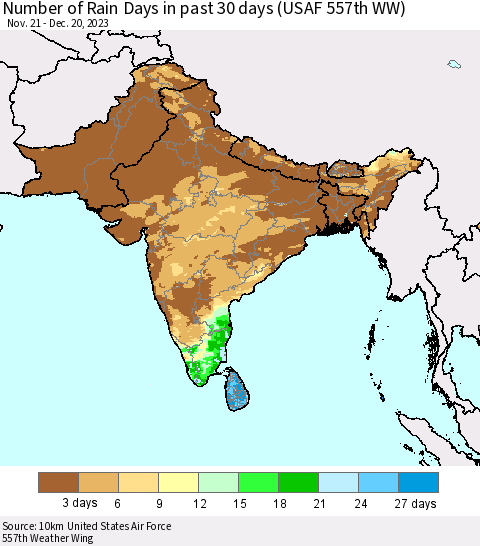 Southern Asia Number of Rain Days in past 30 days (USAF 557th WW) 12/20/2023 Thematic Map For 12/16/2023 - 12/20/2023