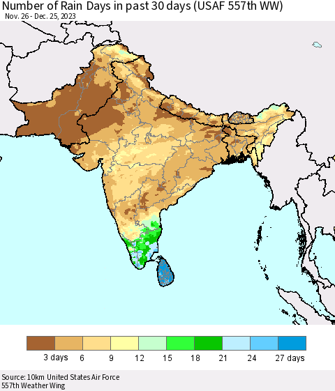 Southern Asia Number of Rain Days in past 30 days (USAF 557th WW) 12/25/2023 Thematic Map For 12/21/2023 - 12/25/2023