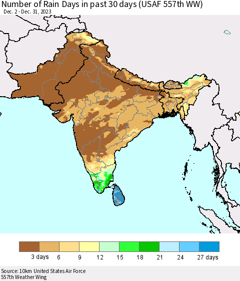Southern Asia Number of Rain Days in past 30 days (USAF 557th WW) 12/31/2023 Thematic Map For 12/26/2023 - 12/31/2023