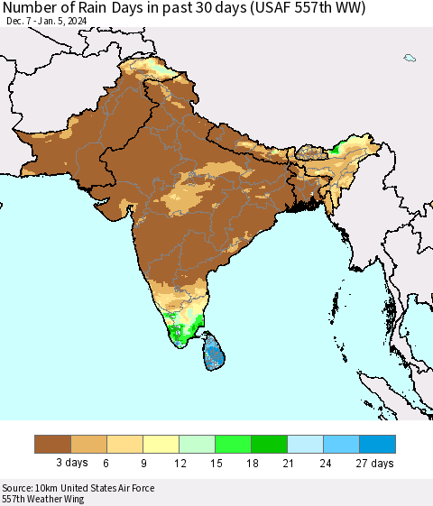 Southern Asia Number of Rain Days in past 30 days (USAF 557th WW) 01/05/2024 Thematic Map For 1/1/2024 - 1/5/2024