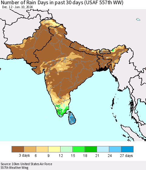 Southern Asia Number of Rain Days in past 30 days (USAF 557th WW) 01/10/2024 Thematic Map For 1/6/2024 - 1/10/2024