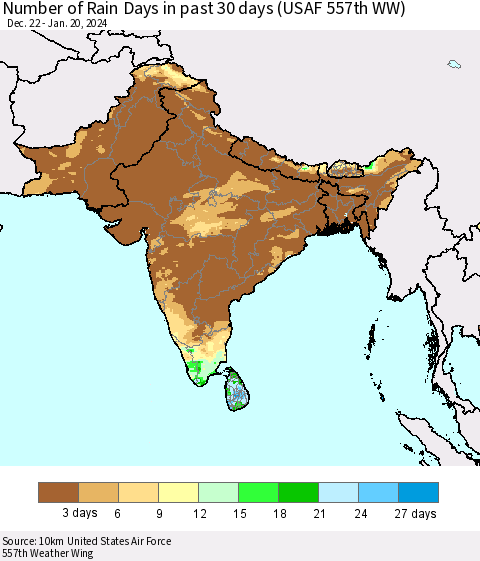 Southern Asia Number of Rain Days in past 30 days (USAF 557th WW) 01/20/2024 Thematic Map For 1/16/2024 - 1/20/2024