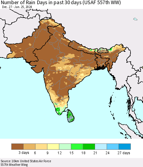 Southern Asia Number of Rain Days in past 30 days (USAF 557th WW) 01/25/2024 Thematic Map For 1/21/2024 - 1/25/2024