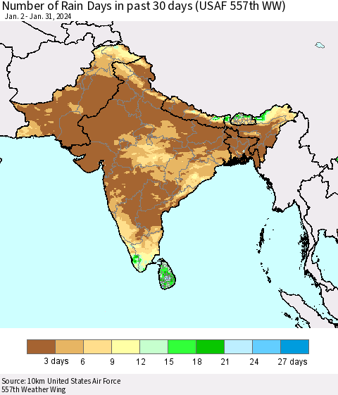 Southern Asia Number of Rain Days in past 30 days (USAF 557th WW) 01/31/2024 Thematic Map For 1/26/2024 - 1/31/2024