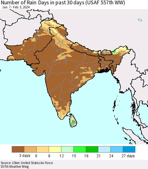 Southern Asia Number of Rain Days in past 30 days (USAF 557th WW) 02/05/2024 Thematic Map For 2/1/2024 - 2/5/2024