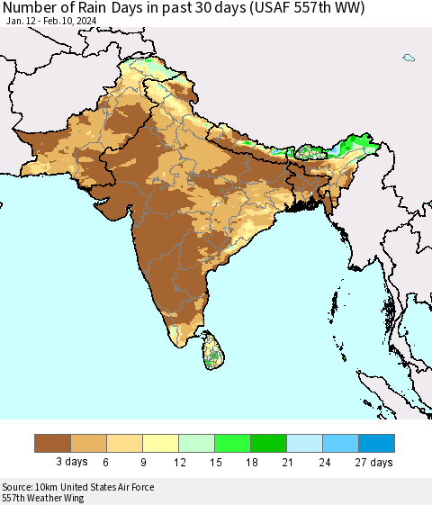 Southern Asia Number of Rain Days in past 30 days (USAF 557th WW) 02/10/2024 Thematic Map For 2/6/2024 - 2/10/2024