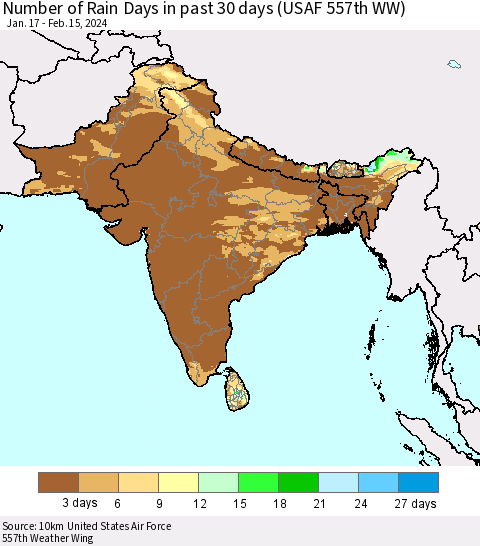 Southern Asia Number of Rain Days in past 30 days (USAF 557th WW) 02/15/2024 Thematic Map For 2/11/2024 - 2/15/2024