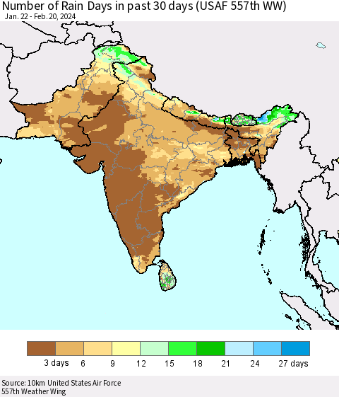 Southern Asia Number of Rain Days in past 30 days (USAF 557th WW) 02/20/2024 Thematic Map For 2/16/2024 - 2/20/2024