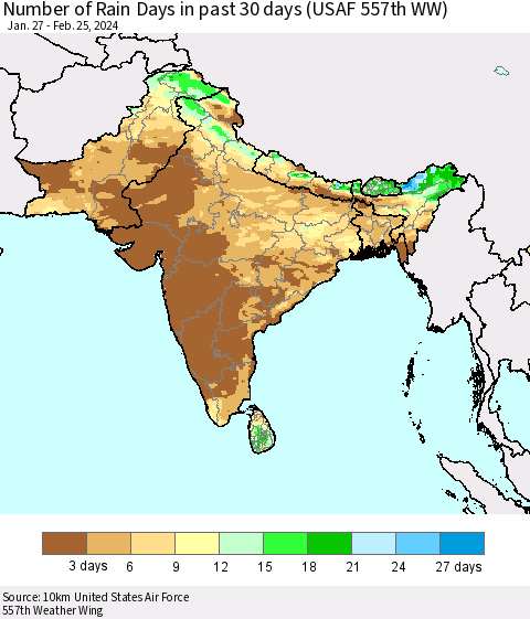 Southern Asia Number of Rain Days in past 30 days (USAF 557th WW) 02/25/2024 Thematic Map For 2/21/2024 - 2/25/2024