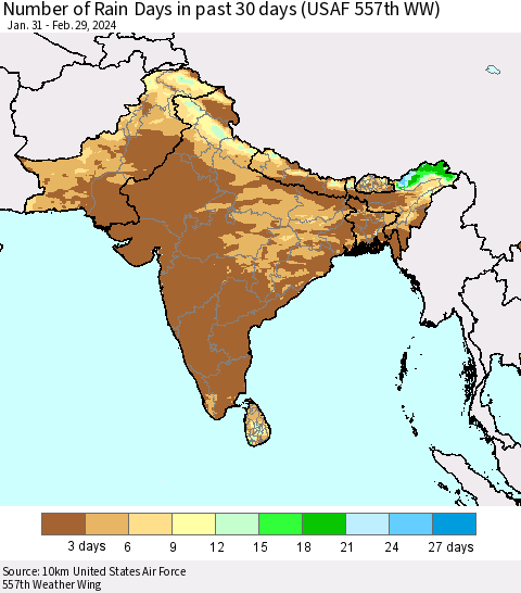 Southern Asia Number of Rain Days in past 30 days (USAF 557th WW) 02/29/2024 Thematic Map For 2/26/2024 - 2/29/2024