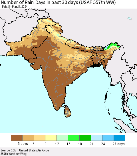 Southern Asia Number of Rain Days in past 30 days (USAF 557th WW) 03/05/2024 Thematic Map For 3/1/2024 - 3/5/2024