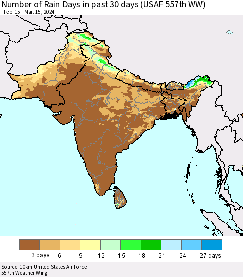Southern Asia Number of Rain Days in past 30 days (USAF 557th WW) 03/15/2024 Thematic Map For 3/11/2024 - 3/15/2024