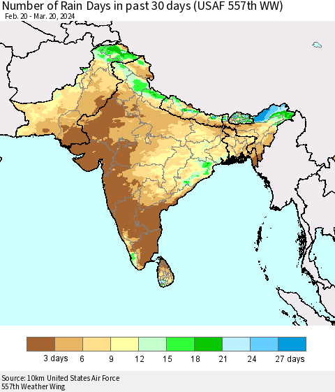 Southern Asia Number of Rain Days in past 30 days (USAF 557th WW) 03/20/2024 Thematic Map For 3/16/2024 - 3/20/2024