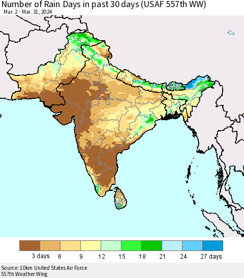 Southern Asia Number of Rain Days in past 30 days (USAF 557th WW) 03/31/2024 Thematic Map For 3/26/2024 - 3/31/2024