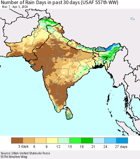 Southern Asia Number of Rain Days in past 30 days (USAF 557th WW) 04/05/2024 Thematic Map For 4/1/2024 - 4/5/2024