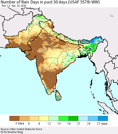 Southern Asia Number of Rain Days in past 30 days (USAF 557th WW) 04/10/2024 Thematic Map For 4/6/2024 - 4/10/2024