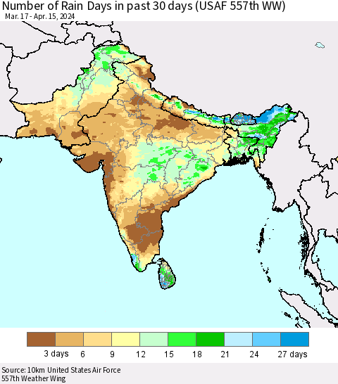 Southern Asia Number of Rain Days in past 30 days (USAF 557th WW) 04/15/2024 Thematic Map For 4/11/2024 - 4/15/2024