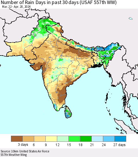 Southern Asia Number of Rain Days in past 30 days (USAF 557th WW) 04/20/2024 Thematic Map For 4/16/2024 - 4/20/2024