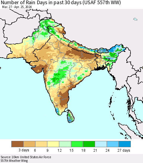 Southern Asia Number of Rain Days in past 30 days (USAF 557th WW) 04/25/2024 Thematic Map For 4/21/2024 - 4/25/2024