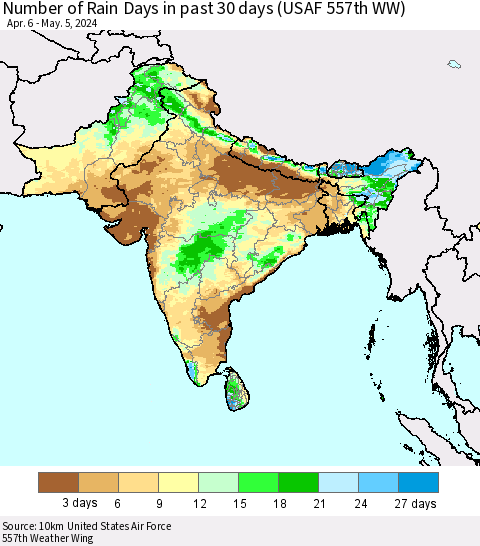 Southern Asia Number of Rain Days in past 30 days (USAF 557th WW) 05/05/2024 Thematic Map For 5/1/2024 - 5/5/2024