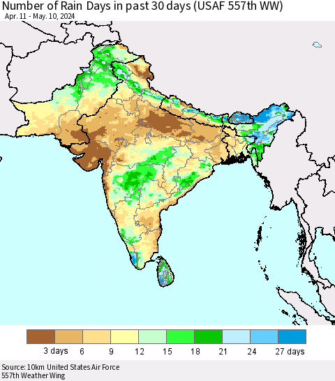 Southern Asia Number of Rain Days in past 30 days (USAF 557th WW) 05/10/2024 Thematic Map For 5/6/2024 - 5/10/2024