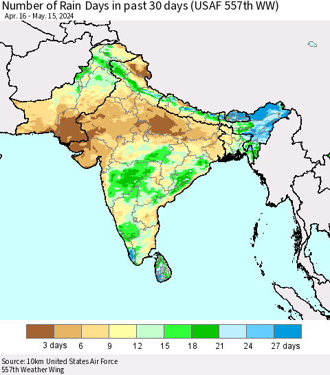 Southern Asia Number of Rain Days in past 30 days (USAF 557th WW) 05/15/2024 Thematic Map For 5/11/2024 - 5/15/2024