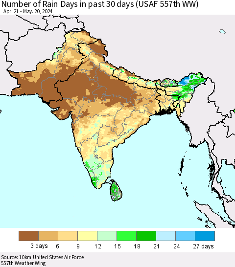 Southern Asia Number of Rain Days in past 30 days (USAF 557th WW) 05/20/2024 Thematic Map For 5/16/2024 - 5/20/2024