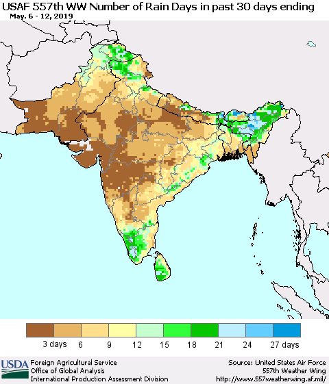 Southern Asia Number of Rain Days in past 30 days (USAF 557th WW) 05/12/2019 Thematic Map For 5/6/2019 - 5/12/2019