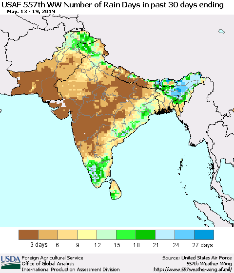Southern Asia Number of Rain Days in past 30 days (USAF 557th WW) 05/19/2019 Thematic Map For 5/13/2019 - 5/19/2019