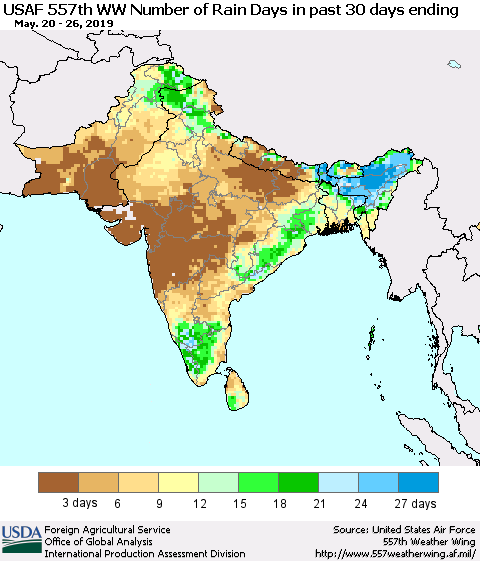 Southern Asia Number of Rain Days in past 30 days (USAF 557th WW) 05/26/2019 Thematic Map For 5/20/2019 - 5/26/2019