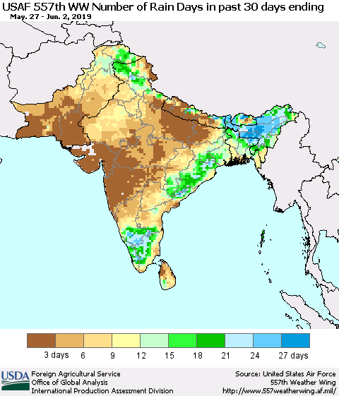 Southern Asia Number of Rain Days in past 30 days (USAF 557th WW) 06/02/2019 Thematic Map For 5/27/2019 - 6/2/2019