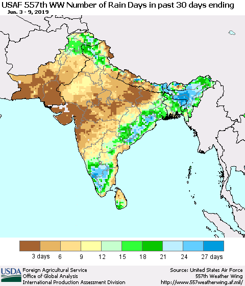 Southern Asia Number of Rain Days in past 30 days (USAF 557th WW) 06/09/2019 Thematic Map For 6/3/2019 - 6/9/2019