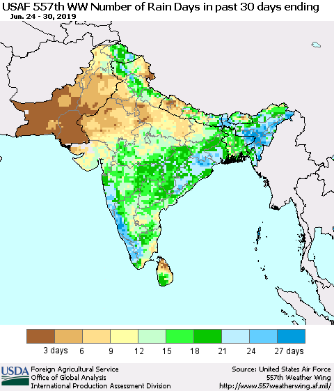 Southern Asia Number of Rain Days in past 30 days (USAF 557th WW) 06/30/2019 Thematic Map For 6/24/2019 - 6/30/2019