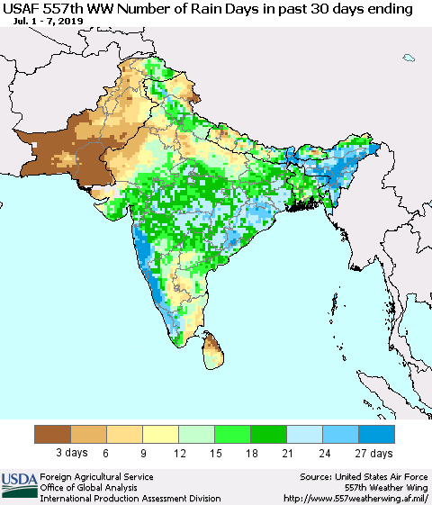 Southern Asia Number of Rain Days in past 30 days (USAF 557th WW) 07/07/2019 Thematic Map For 7/1/2019 - 7/7/2019