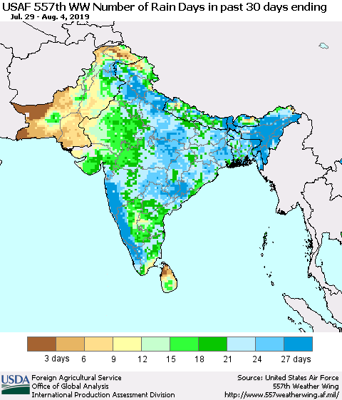 Southern Asia Number of Rain Days in past 30 days (USAF 557th WW) 08/04/2019 Thematic Map For 7/29/2019 - 8/4/2019